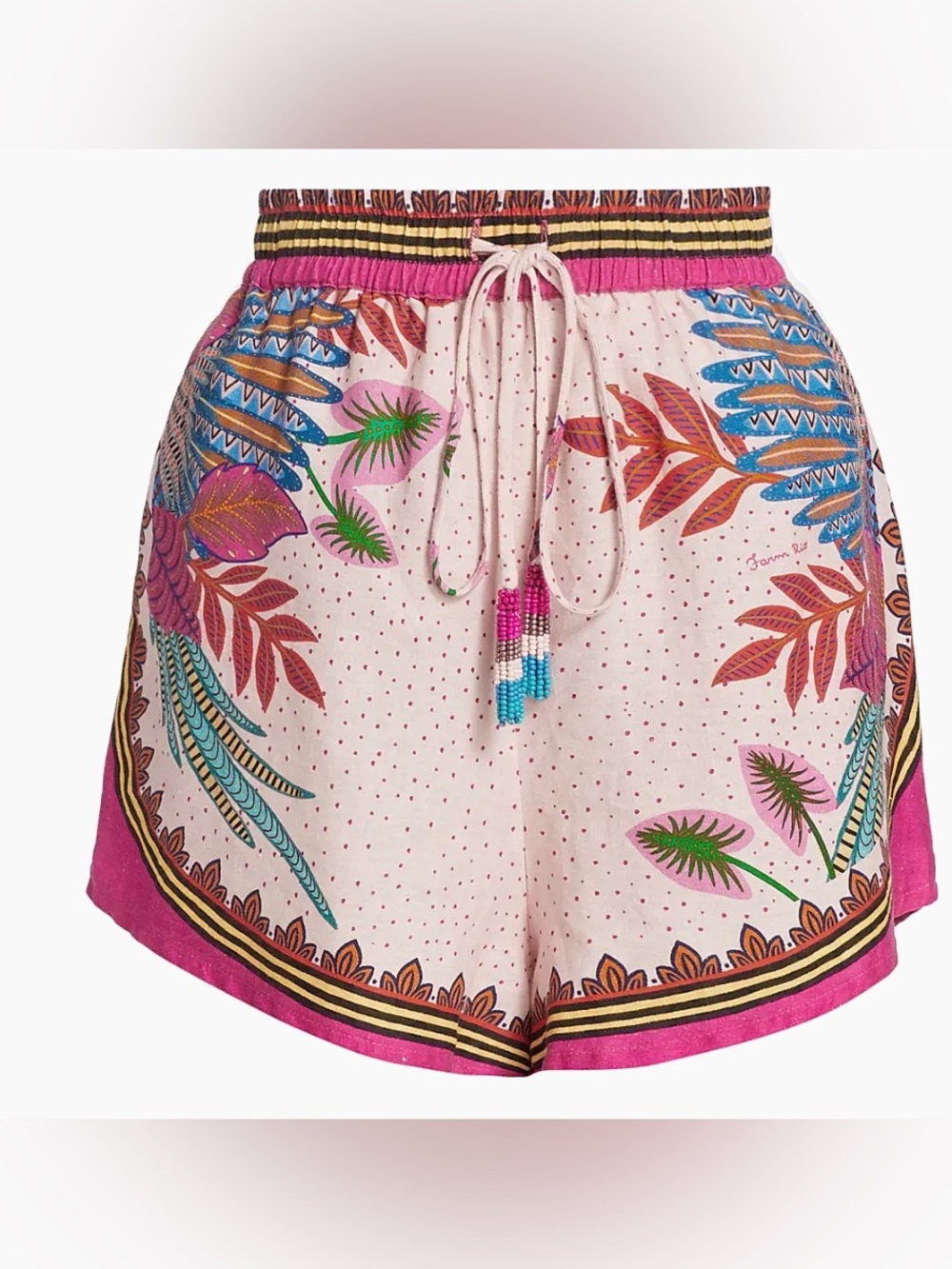 Farm Rio Linen-Blend Macaw Scarf Shorts Elastic Waist Beaded Tie Size XS